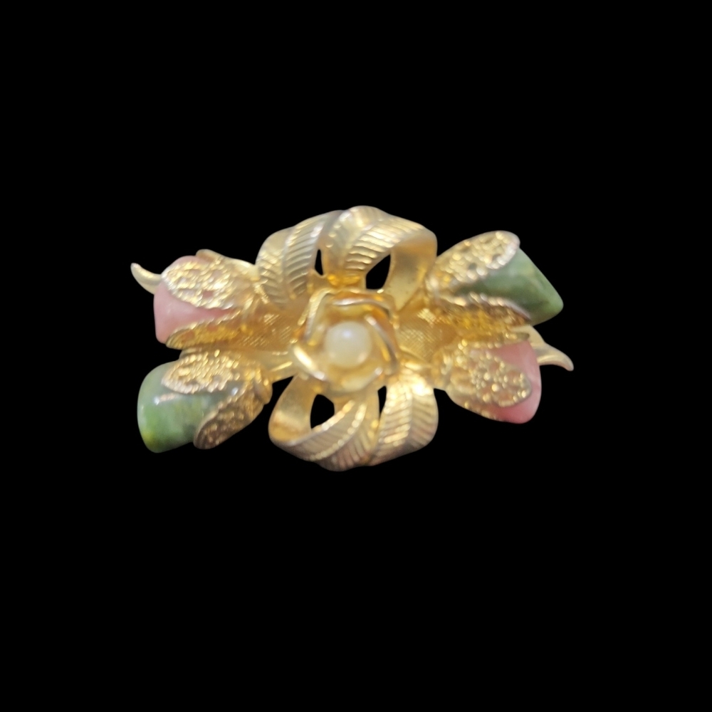Vintage Gold Floral Brooch w Pearl & Jade Tone Stones